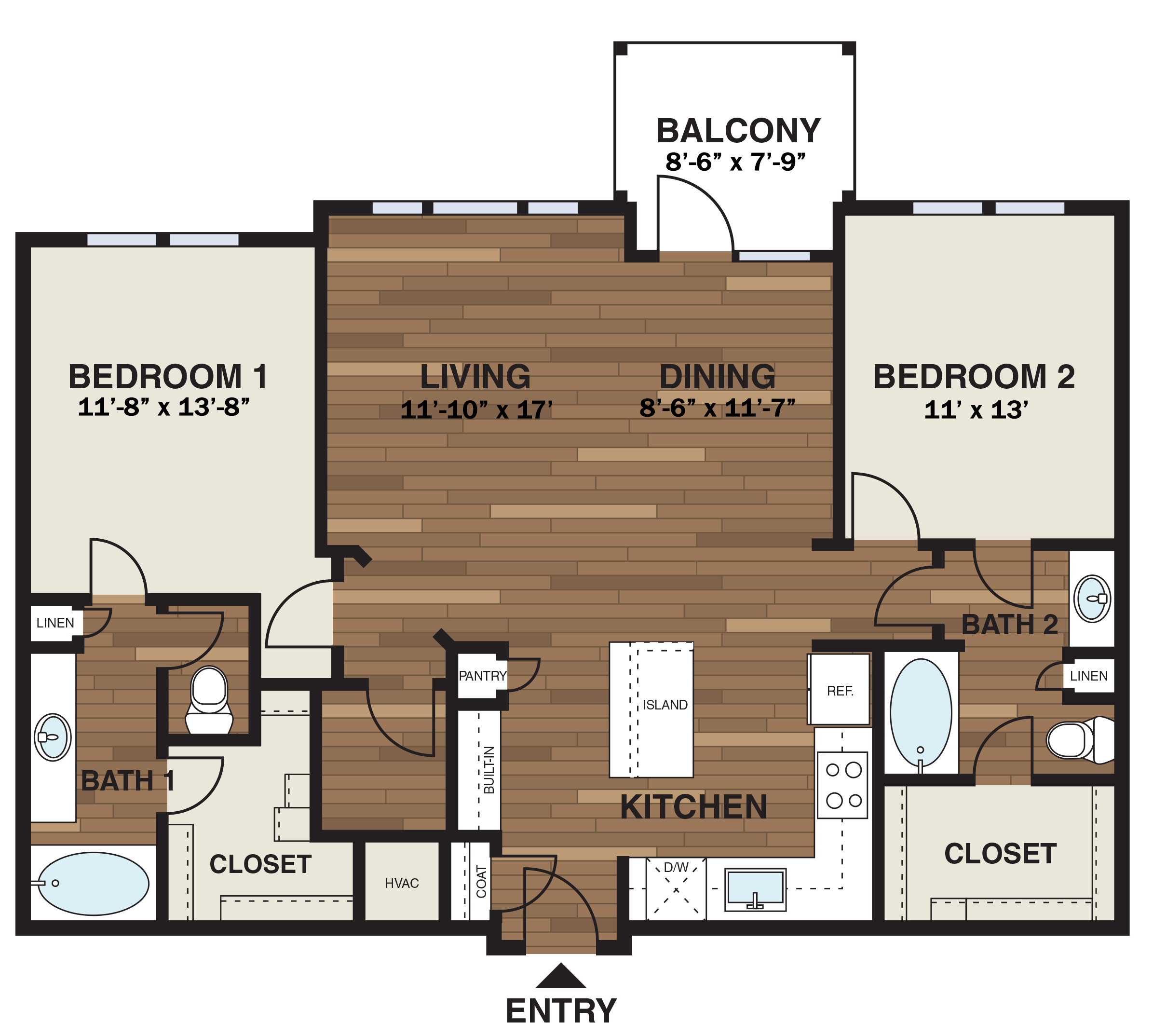 Floor plan for 2 beds, 2 baths, 1249 sqft